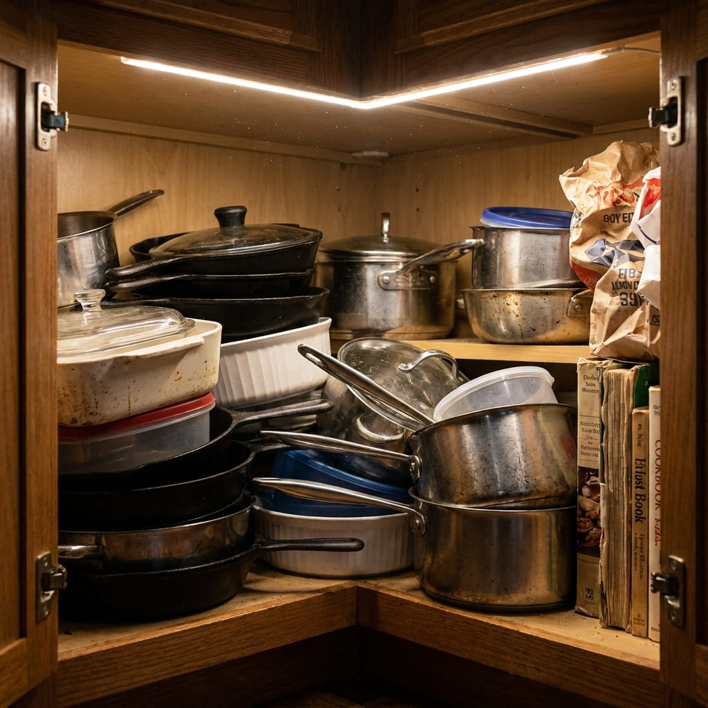 Kitchen Storage Score: 8 Questions to Rate Your Chaos 3 kitchen storage chaos cluttered cabinet pots and pans