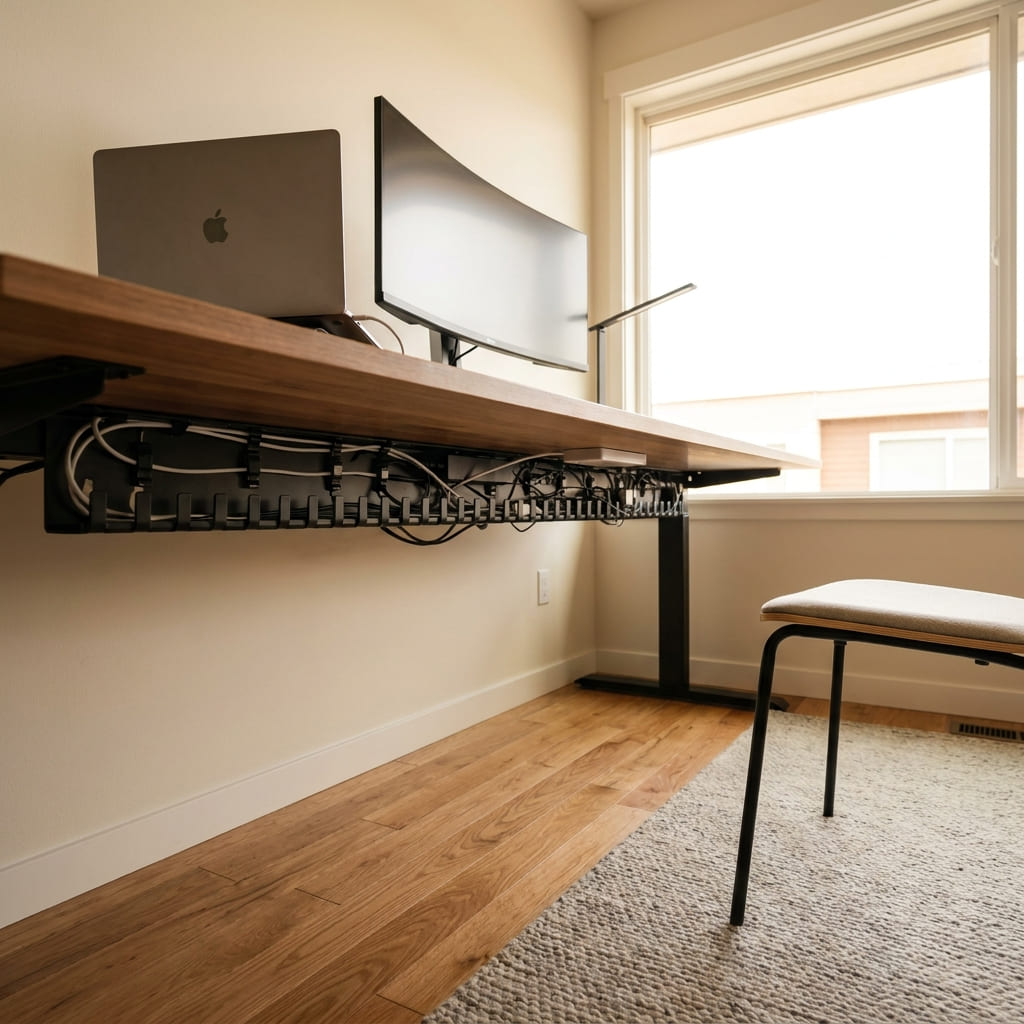 40cm PVC Desk Cable Tray Review: Is This No-Drill Fix Worth It? 3 cable tray in tidy home office desk setup