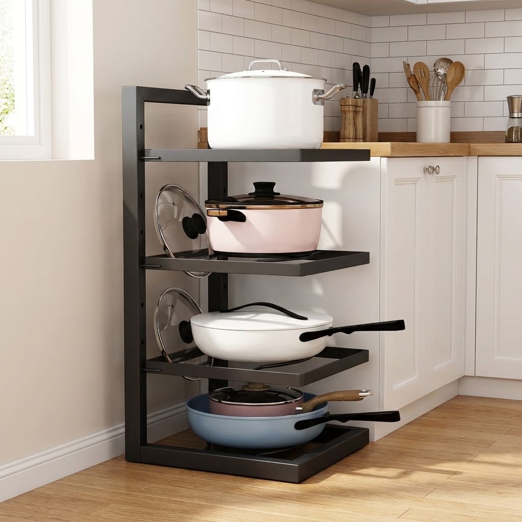 Pot Rack Organizer: The Real Fix for 4 Kitchen Storage Problems 2 freestanding pot rack organizer in kitchen corner