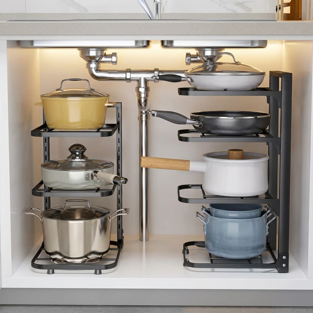 Pot Rack Organizer: The Real Fix for 4 Kitchen Storage Problems 1 pot rack organizer installed under sink cabinet