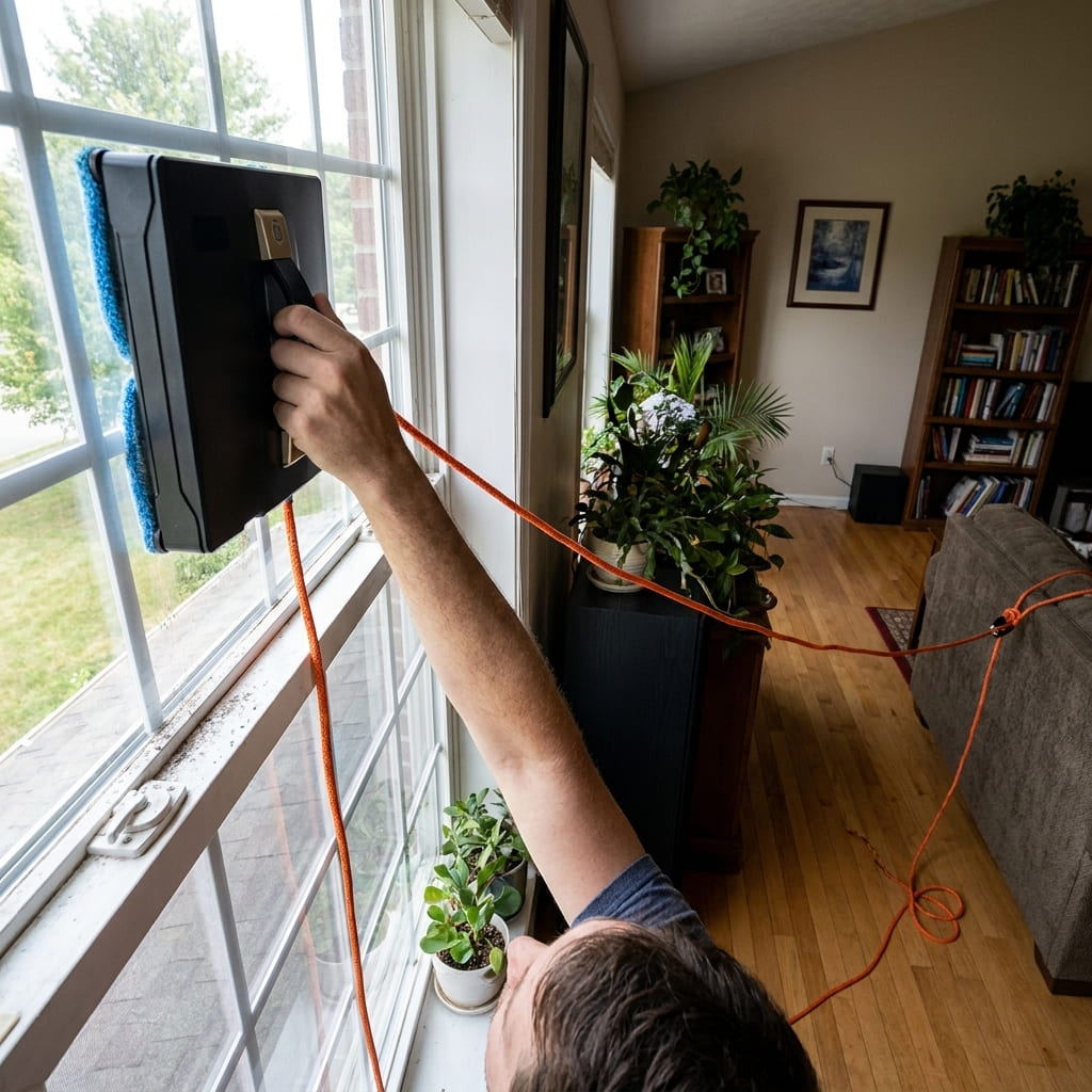 Robot Window Cleaner Review: 5 Proven Reasons the ABIR WD8 Actually Works in 2026 3 person retrieving robot window cleaner from second story window