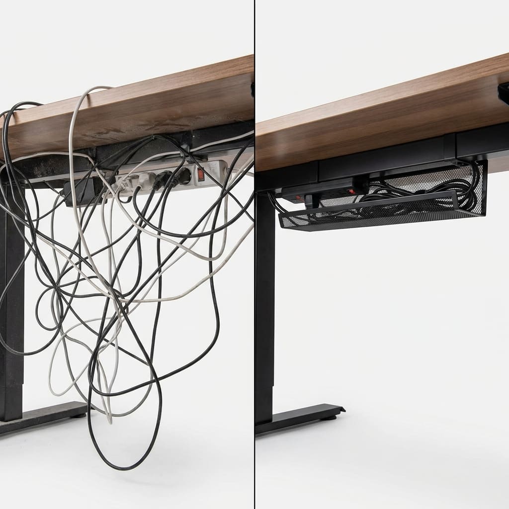 40cm PVC Desk Cable Tray Review: Is This No-Drill Fix Worth It? 2 before and after cable tray desk organization