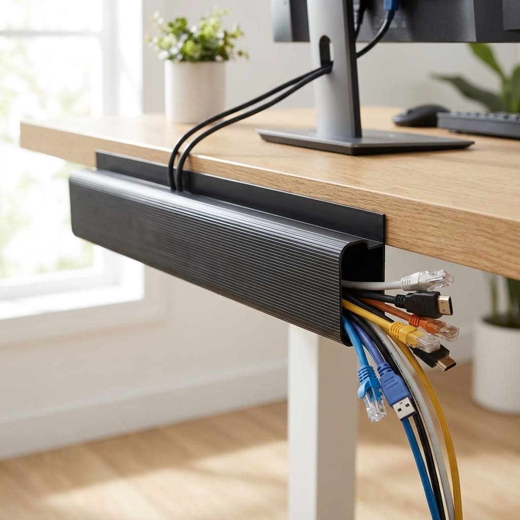 40cm PVC Desk Cable Tray Review: Is This No-Drill Fix Worth It? 1 cable tray mounted under desk holding cords